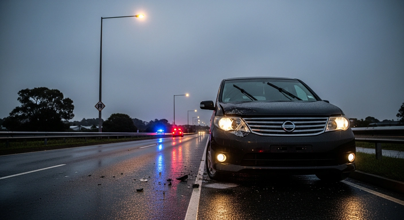 A wide, low-angle shot shows the mangled front of a dark Nissan Serena on a deserted, rain-slicked Preston Road in the pre-dawn gloom, with distant blue and red police lights reflecting on the wet surface, depicting the aftermath of a serious hit-and-run collision where a man in his 70s was seriously injured.