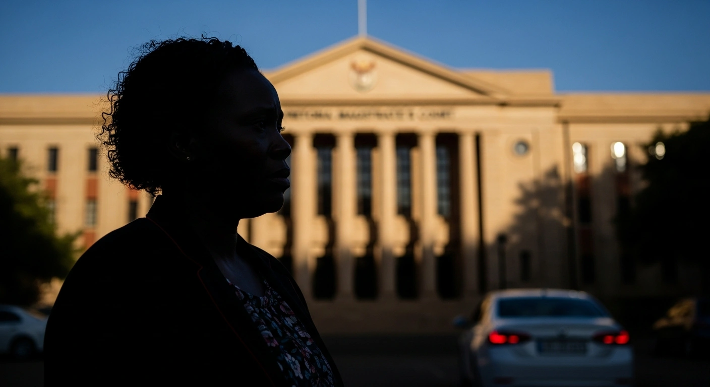 A somber figure stands silhouetted against the blurred facade of the Pretoria Magistrate's Court under late afternoon light, representing the ongoing pursuit of justice and calls for enhanced driver safety following the murder of e-hailing driver Isaac Satlat.