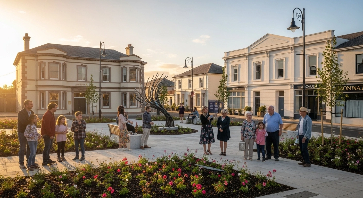 A diverse group of community members gather in a beautifully revitalized town square at golden hour, showcasing the positive impact of the UK government's 'Pride in Place' programme aimed at revitalizing high streets, parks, and public spaces through community empowerment and investment in local assets.