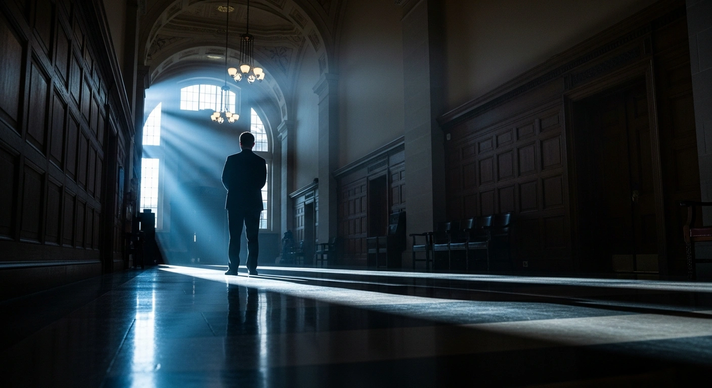 A silhouette of a government official stands in a dark, historic corridor while considering a public inquiry into Jeffrey Epstein's activities in the United Kingdom.