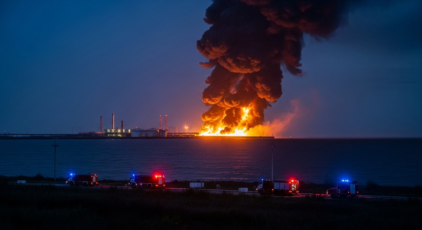 A large fire burns at a fuel reservoir in the Russian port of Primorsk following a reported drone strike on the energy infrastructure.