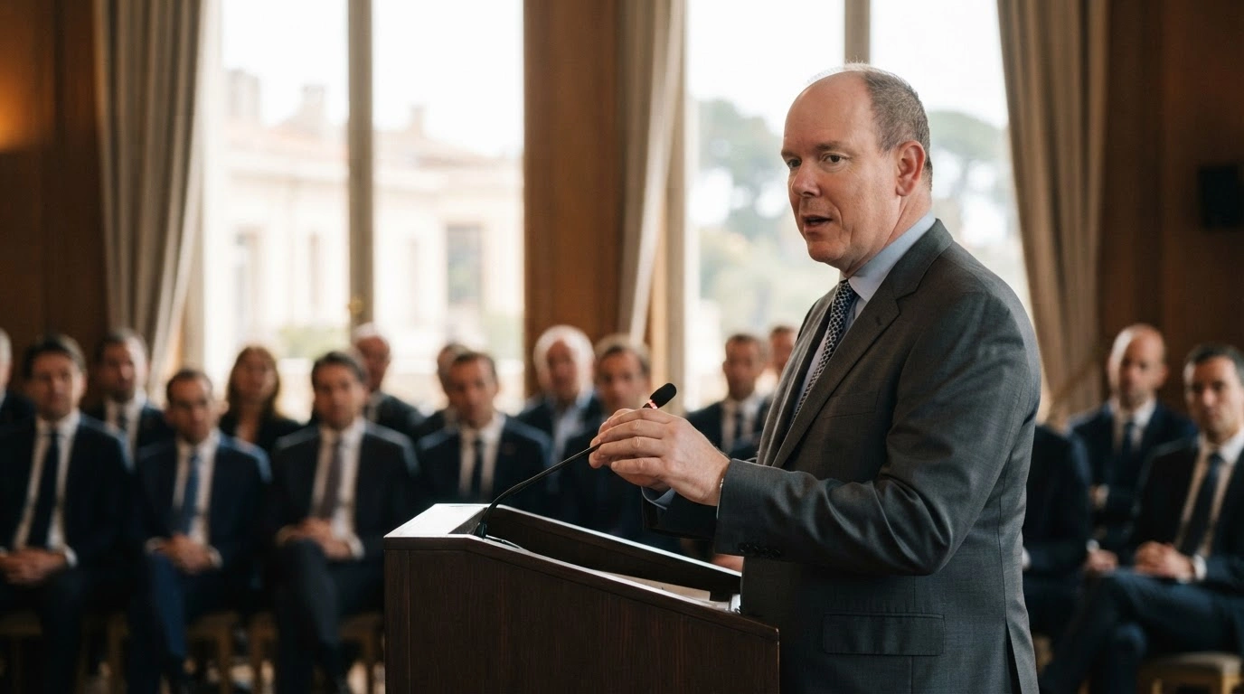Prince Albert II of Monaco speaks at the MED9 summit to address environmental and security challenges with Mediterranean European Union leaders.