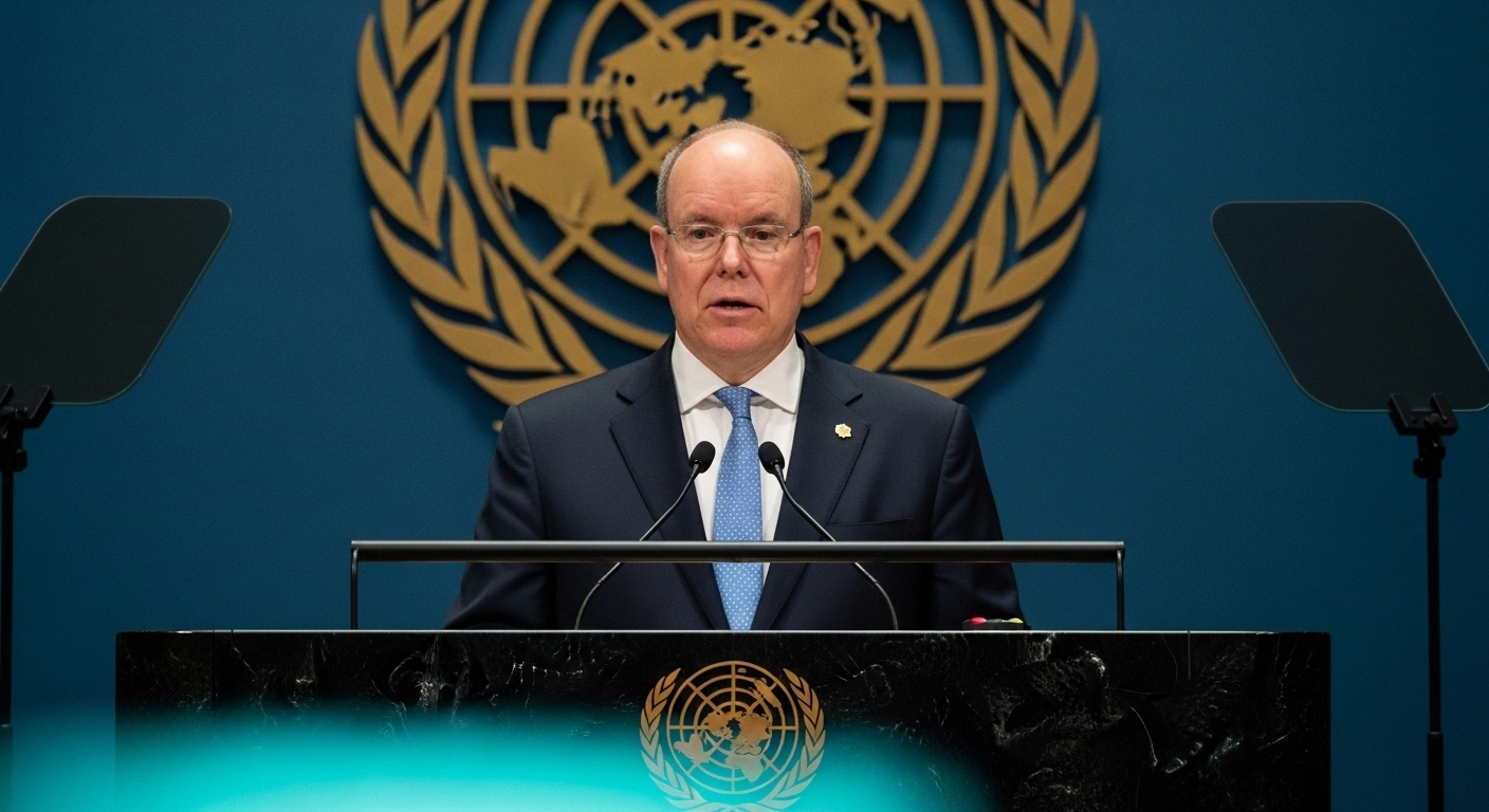 Prince Albert II of Monaco addresses the 80th UN General Assembly from a podium, advocating for multilateral cooperation, international stability, and environmental protection, with a symbolic blue-green light representing his climate funding pledge.
