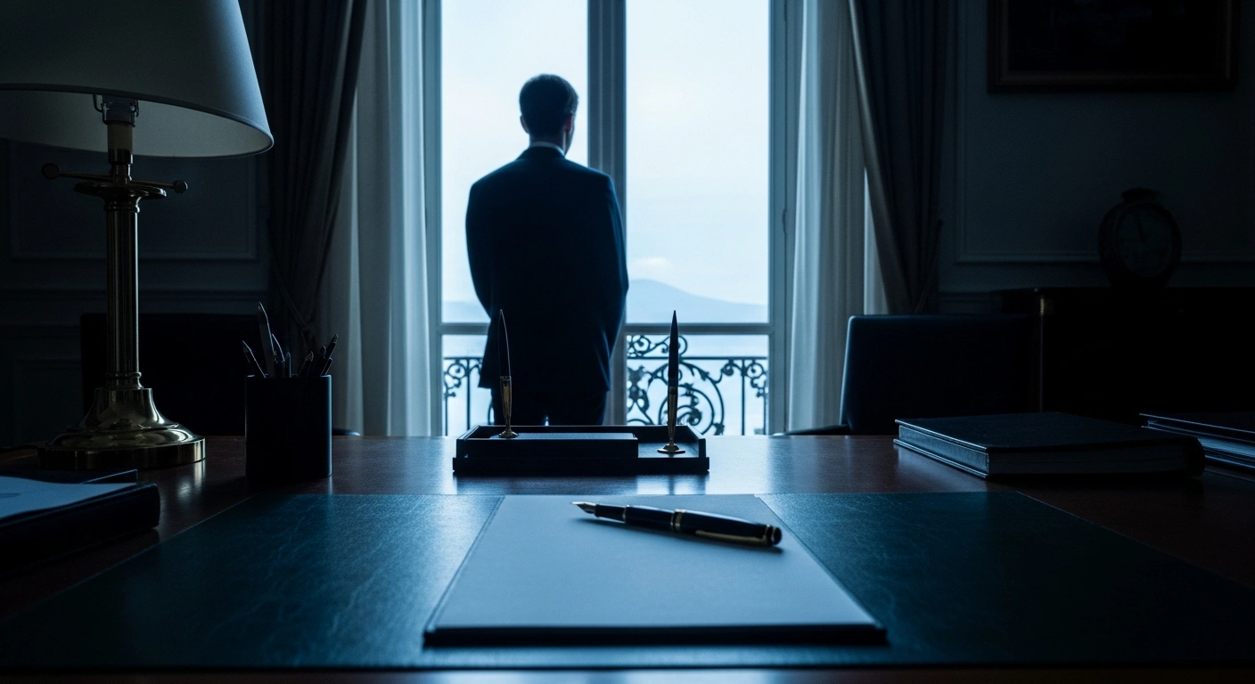 Prince Albert II of Monaco stands in a somber office, reflecting on the recent earthquake tragedy in Venezuela to convey his official condolences.