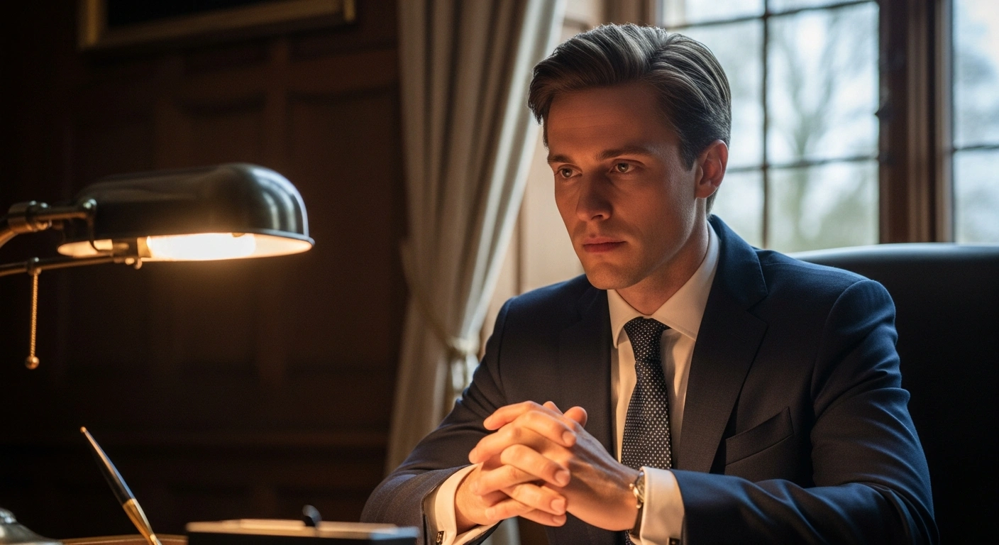 Hereditary Prince Alois of Liechtenstein is seated in a formal study, illuminated by soft window light and a desk lamp, reflecting on his New Year's interview with the 'Liechtensteiner Vaterland' concerning geopolitical tensions, the new legislative period, and domestic stability.