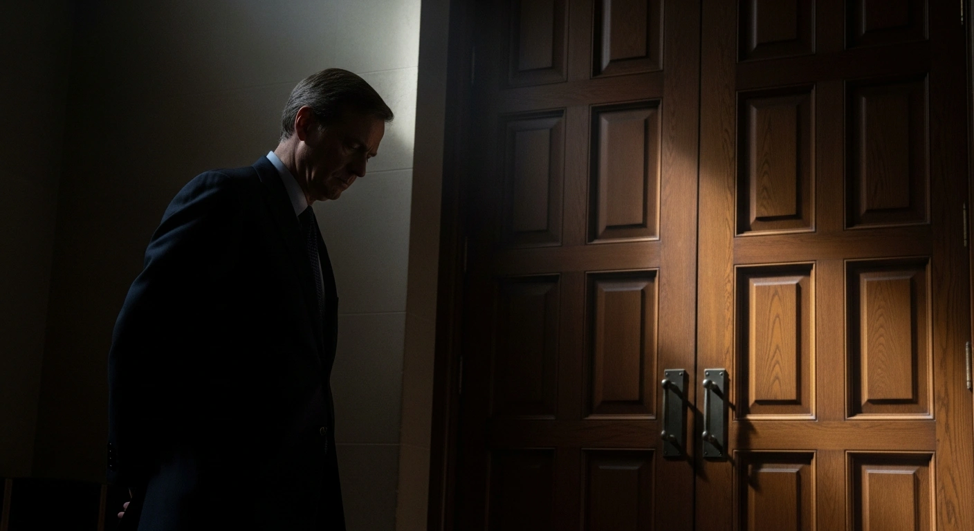 A somber image depicts Andrew Mountbatten-Windsor, formerly Prince Andrew, standing alone before a grand, imposing oak door, reflecting his arrest in the UK on suspicion of misconduct in public office following revelations from Jeffrey Epstein files and his subsequent release under investigation.