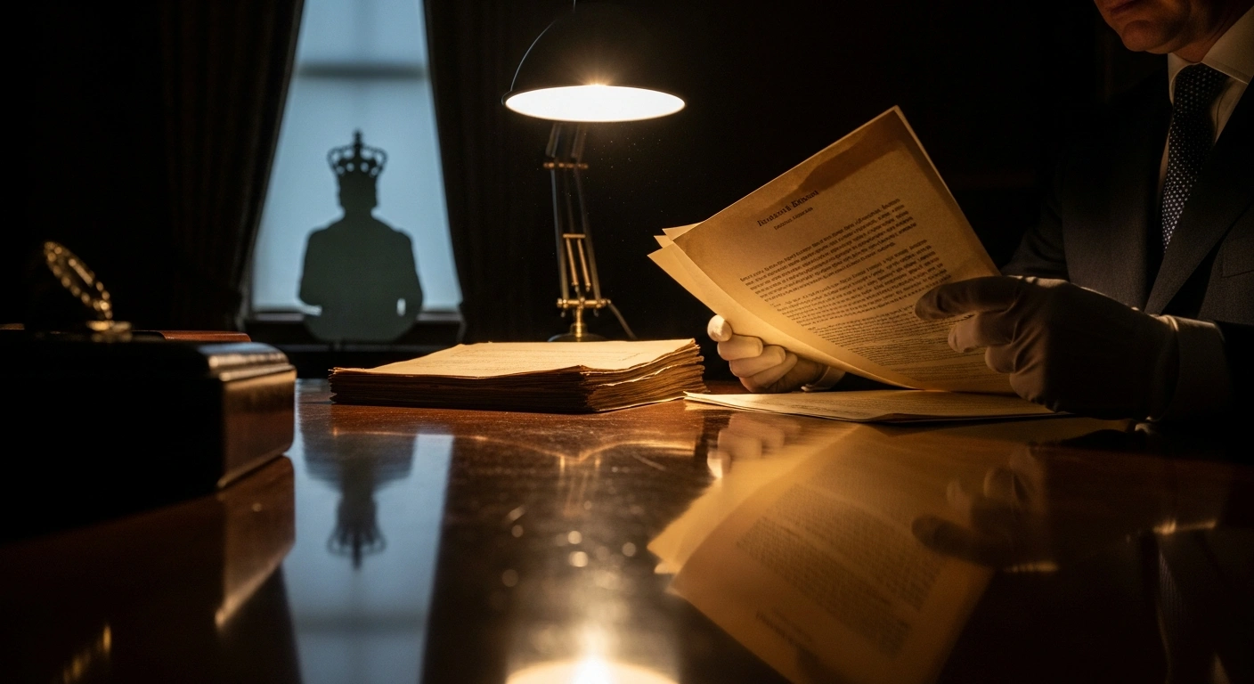 A close-up shot shows gloved hands meticulously examining aged, official documents under a desk lamp in a dimly lit, wood-paneled study, with a faint, distorted reflection of a regal silhouette visible on the polished desk surface, symbolizing the British police assessing claims that Prince Andrew shared confidential government reports with Jeffrey Epstein.