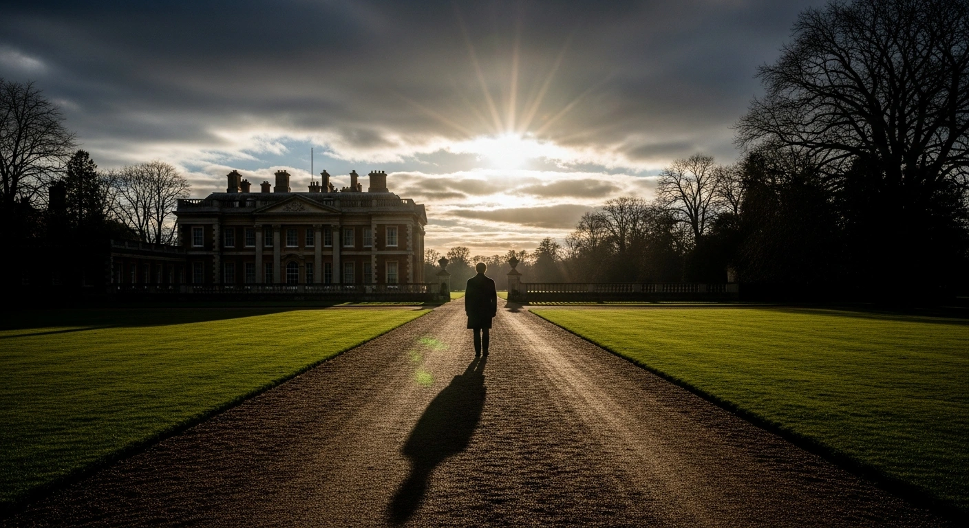 A lone figure, representing Prince Andrew, walks on a gravel path away from a stately home on the Sandringham Estate under a brooding Norfolk sky, with long shadows cast by the late afternoon light, symbolizing his relocation to a private property.