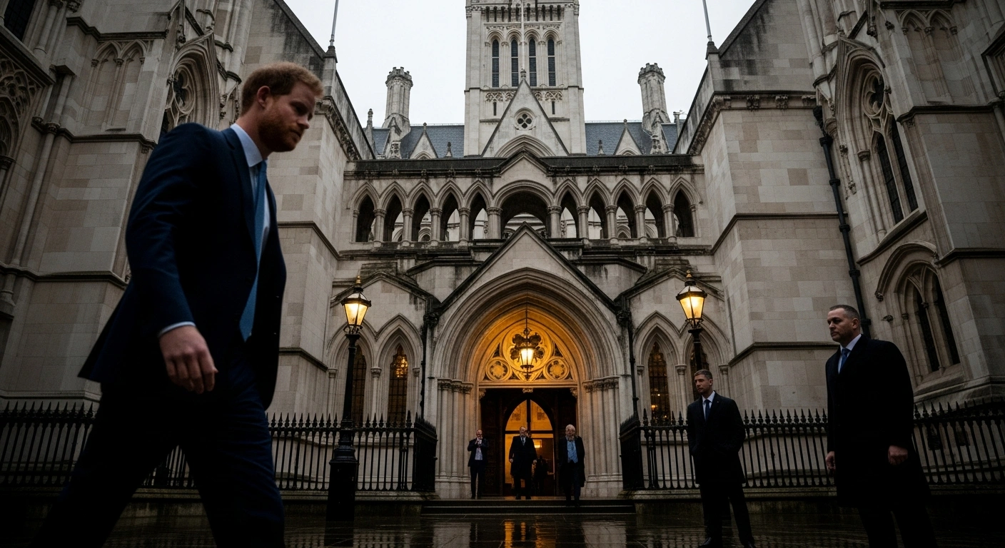 A determined Prince Harry, partially obscured by shadow, walks towards the grand, rain-slicked London High Court building, accompanied by blurred figures representing other high-profile individuals like Sir Elton John, for a legal battle against Associated Newspapers over alleged unlawful information-gathering and privacy breaches.