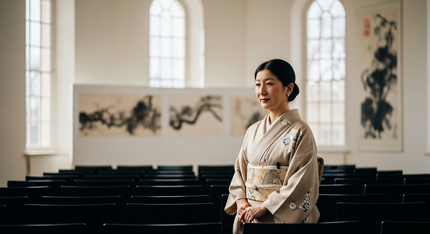 Princess Akiko of Japan stands in a bright lecture hall in Luxembourg as she prepares to discuss Japanese art to strengthen international cultural relations.