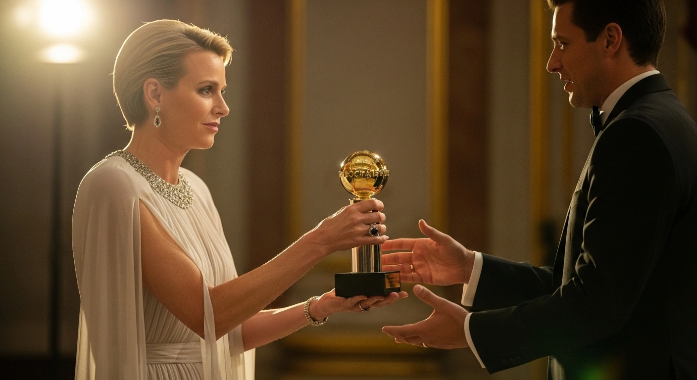 Princess Charlene of Monaco, wearing an elegant gown, presents the gleaming Sócrates Prize trophy to a representative of the Xana Foundation at a grand ceremony.