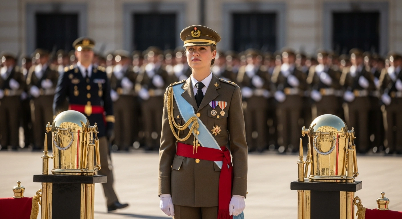 Princess Leonor of Spain stands in her formal military uniform during the annual Armed Forces Day parade held in Vigo.