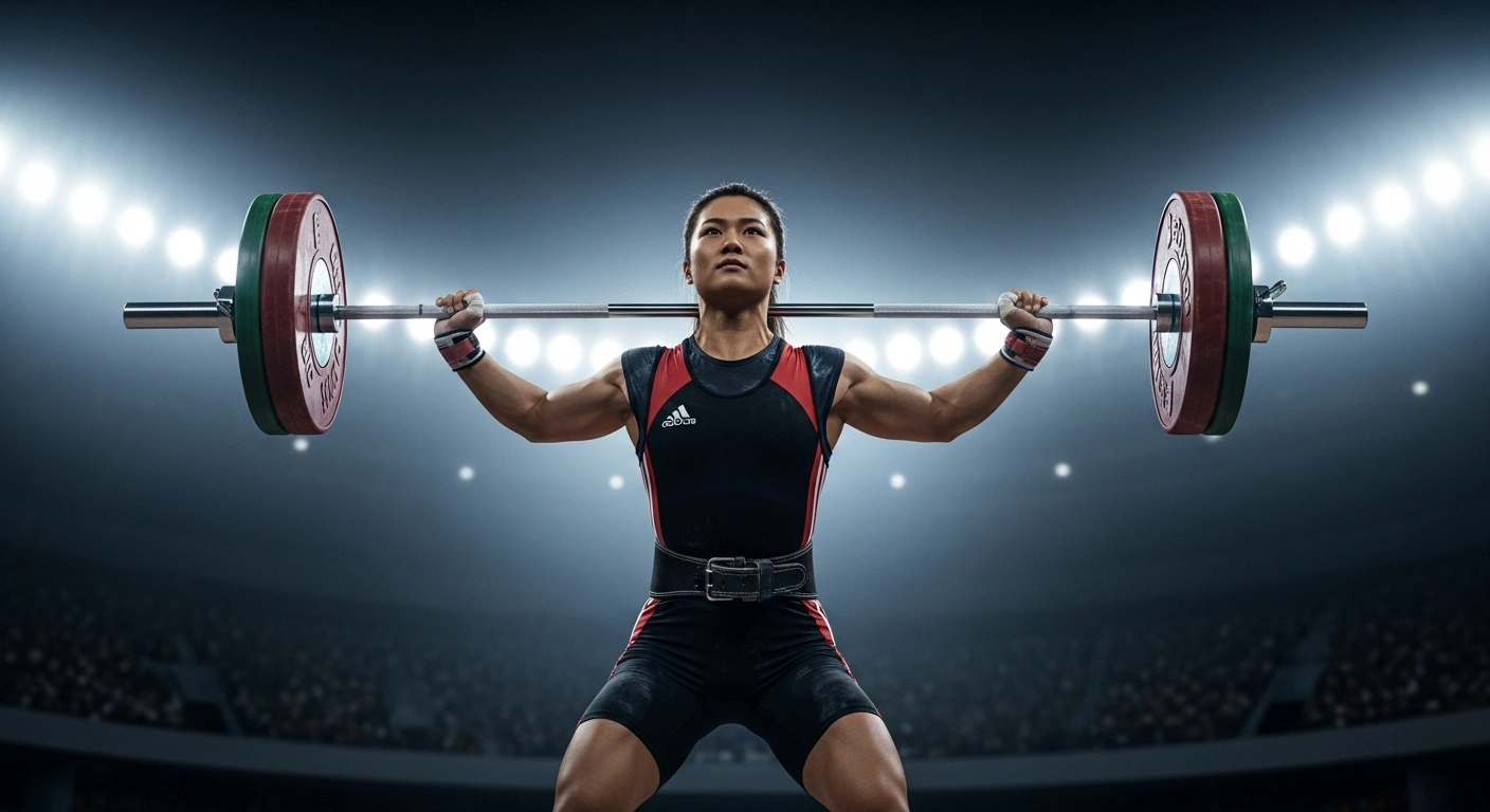 A young Indian weightlifter, Priteesmita Bhoi, is captured in a low-angle shot, intensely focused as she completes a powerful barbell lift, illuminated by dramatic arena lighting, symbolizing her record-breaking performance at the Asian Youth Games.