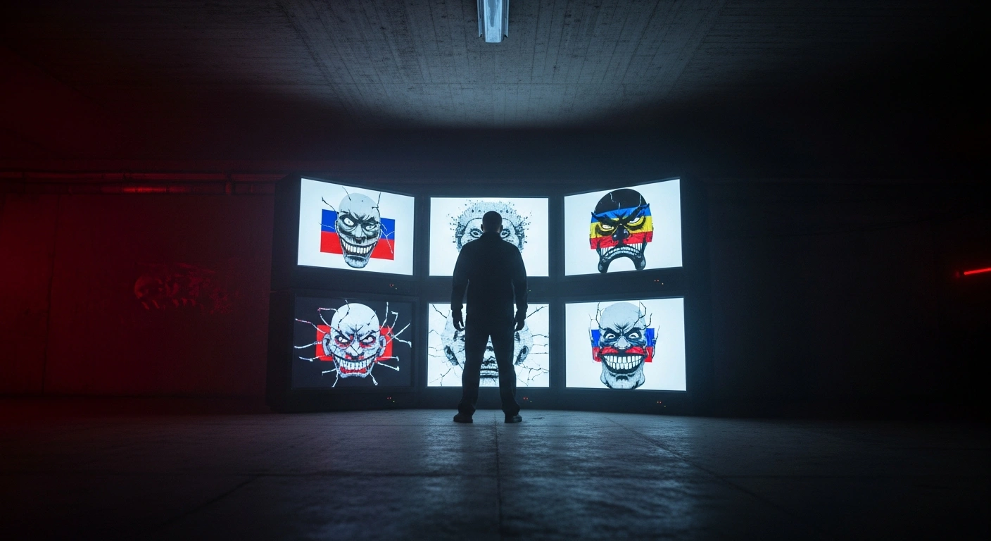 A shadowy figure stands before flickering monitors displaying grotesque, twisted national symbols in a cold, concrete bunker, symbolizing a pro-Russian agent network linked to the FSB, orchestrating a disinformation campaign in German-speaking countries to discredit Ukraine.