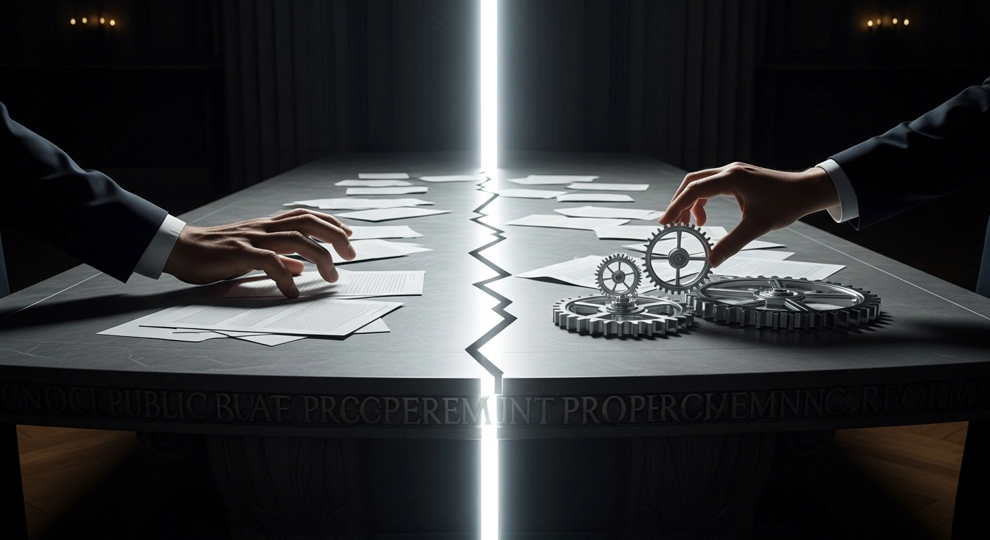 A dramatic, high-contrast image depicting a large, ornate stone table, symbolizing public procurement, fractured down the middle by a bright beam of light, with a shadowy hand on one side and a clear, precise hand re-aligning transparent gears on the other, representing the Malta Chamber of Commerce's call for a comprehensive overhaul of public procurement governance and a clear separation between political direction and civil service responsibility in public contracts.