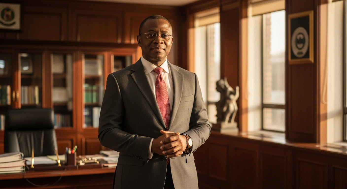 Professor Ayo Omotayo stands in his office at the National Institute for Policy and Strategic Studies in Kuru after his reappointment by President Bola Tinubu.