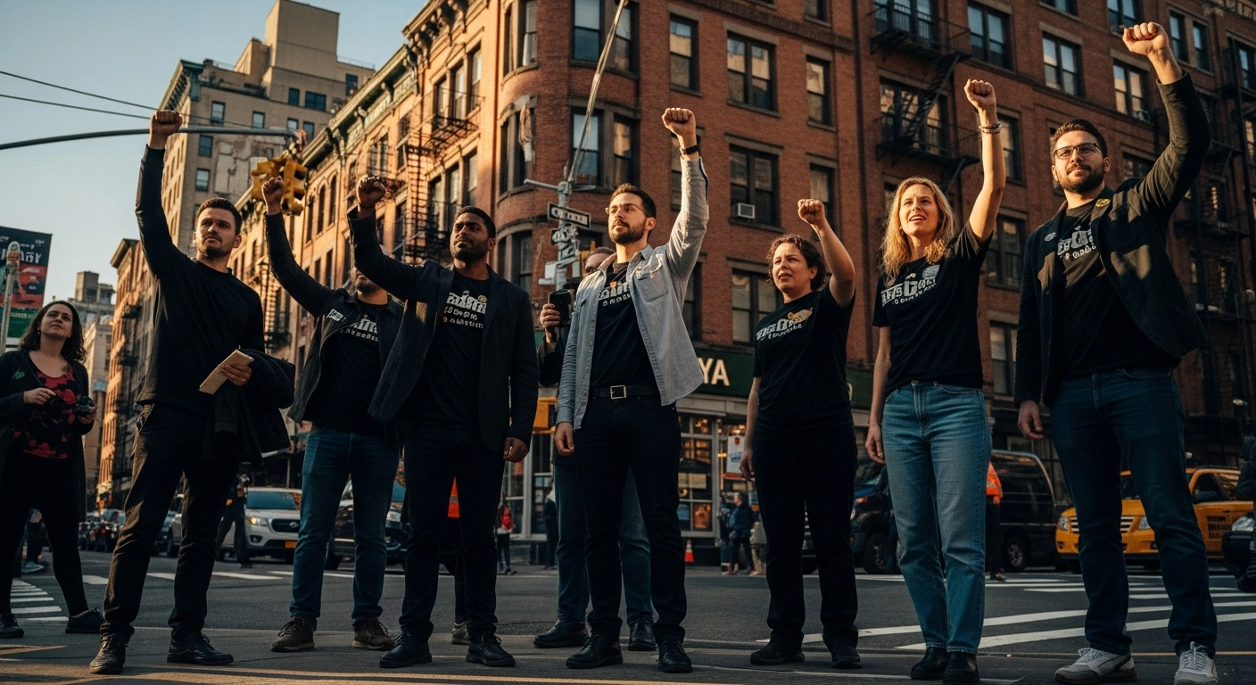 A diverse group of progressive political organizers celebrates a victory in New York following recent congressional primary election results.