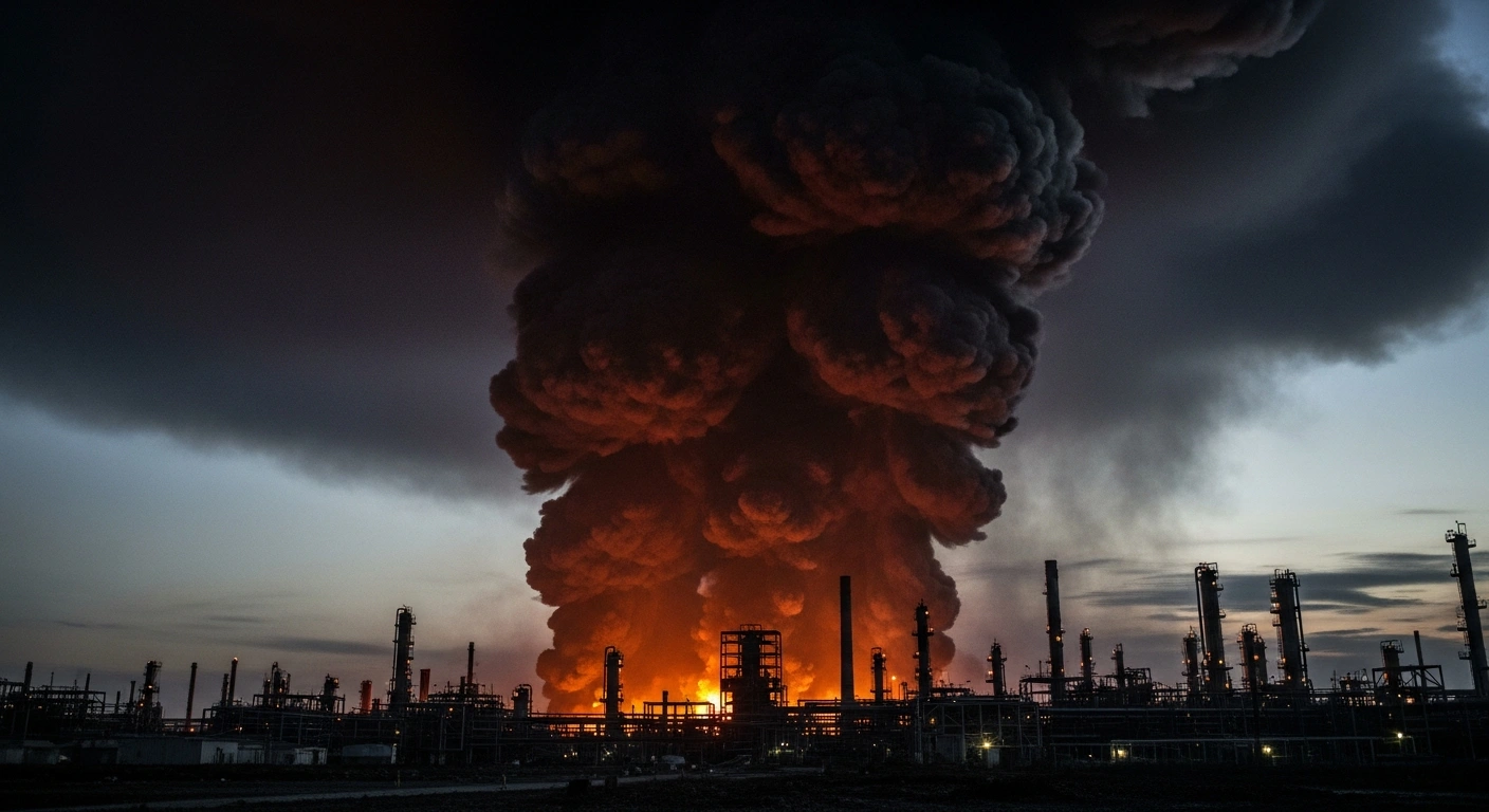 A massive explosion at the Promsintez chemical plant in Chapayevsk, Russia, sends a large plume of smoke into the air.