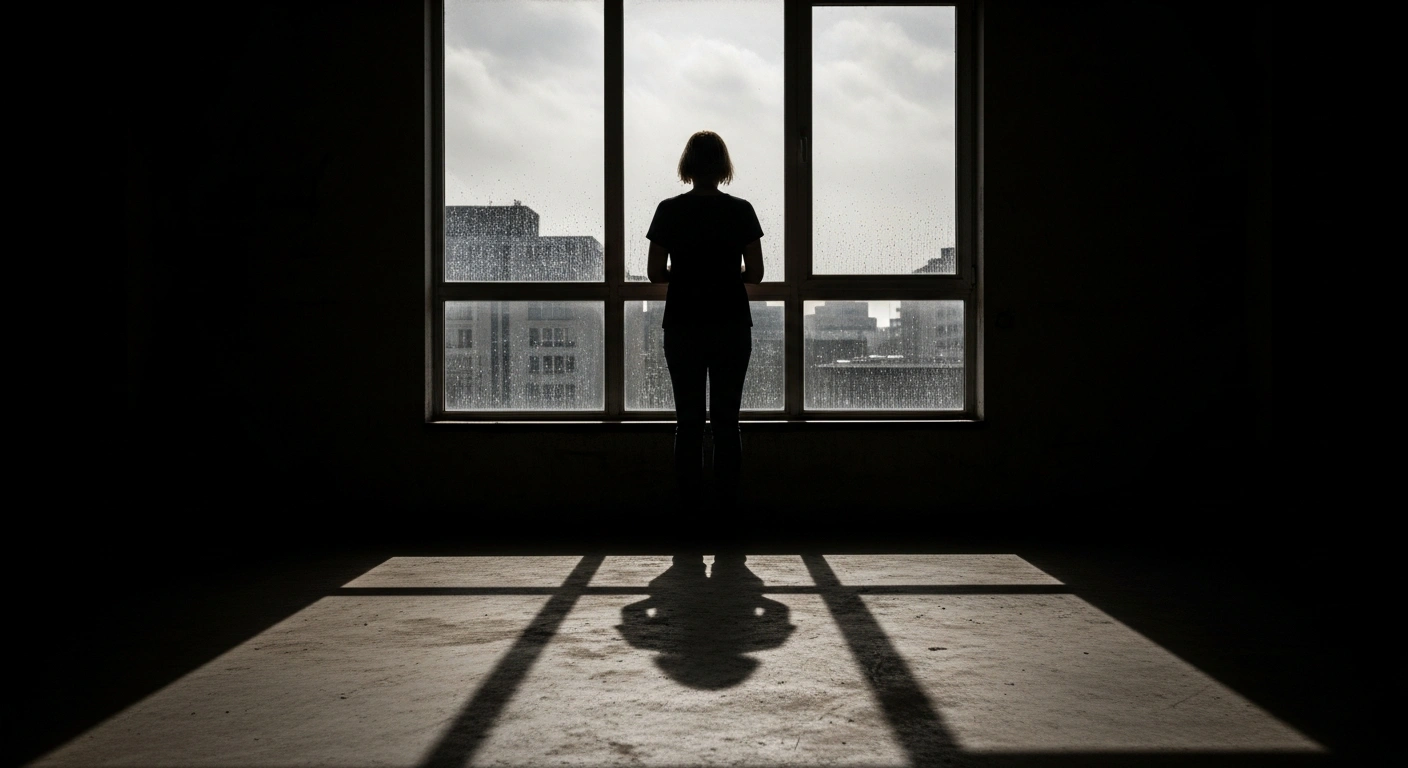 A solitary figure stands in a stark, dimly lit room, partially silhouetted against a rain-streaked window overlooking a blurred city, illustrating the challenges in safeguarding vulnerable individuals in prostitution where existing legal frameworks and enforcement often fall short, as identified by a German commission reviewing the Prostitute Protection Act.