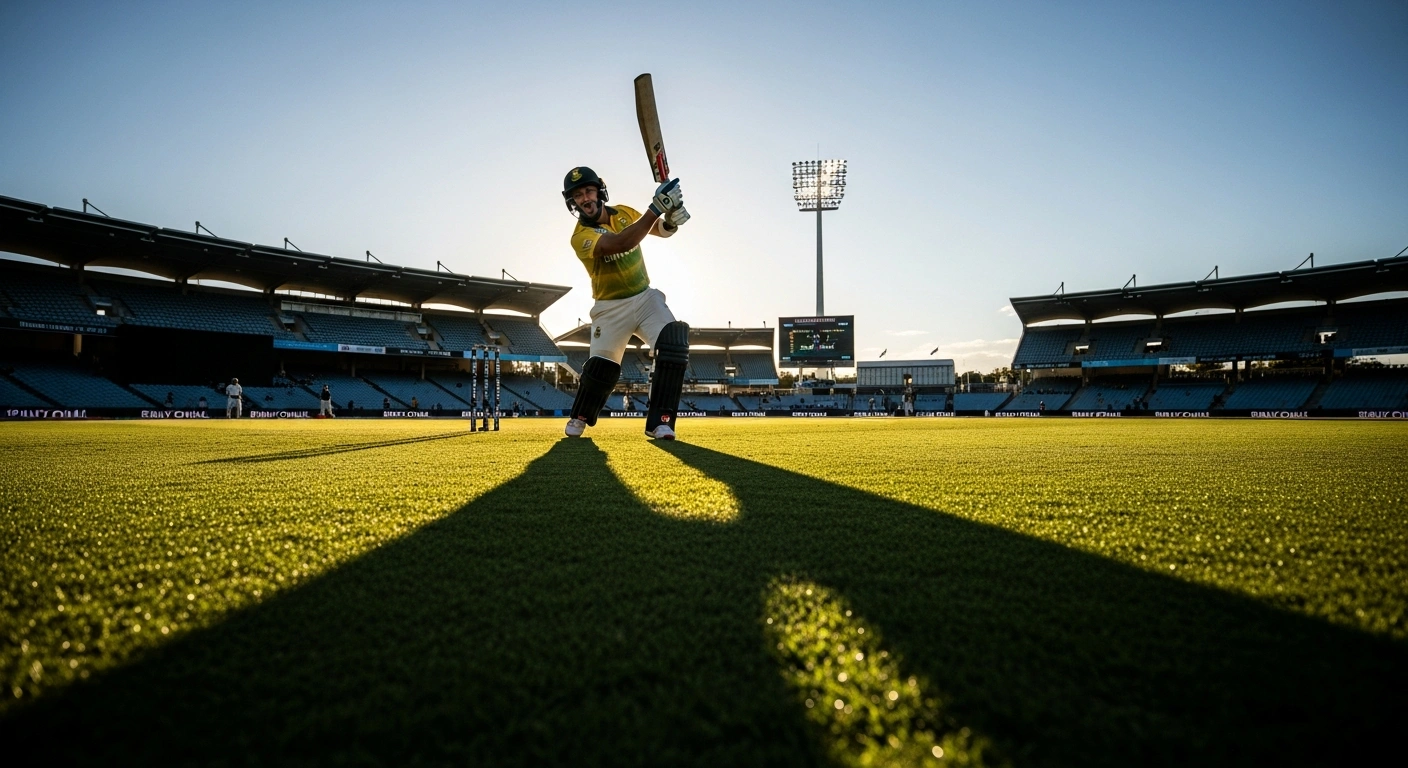 A South African cricket player celebrates a batting victory during a T20 international match against New Zealand at Bay Oval.