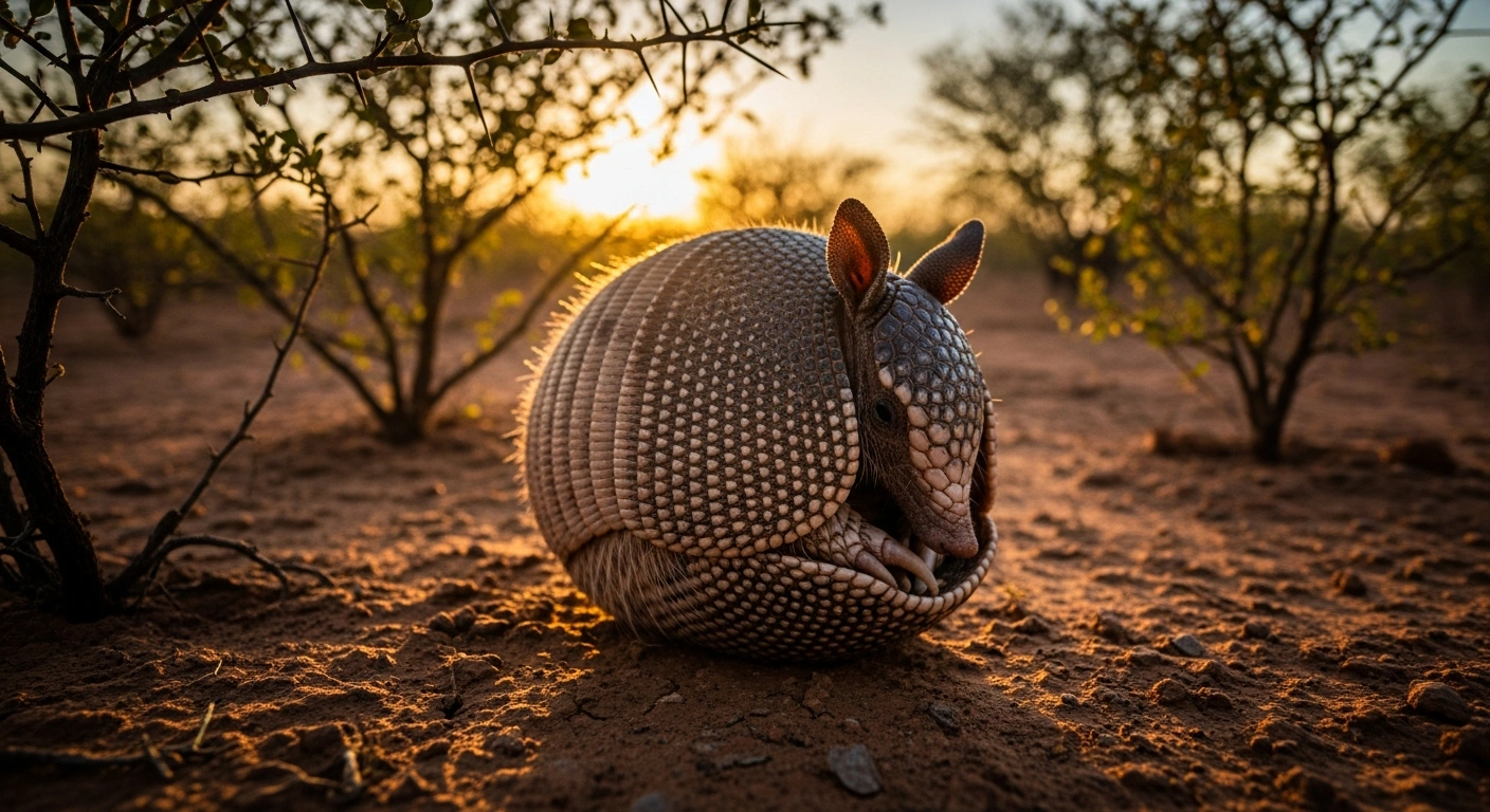 A Brazilian three-banded armadillo rests in its defensive ball shape on the dry, arid ground of the Caatinga biome in Brazil.