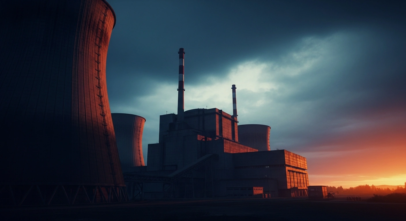 A large nuclear power plant stands under a dark, stormy sky as Russia engages in diplomatic efforts to prevent strikes on nuclear infrastructure.