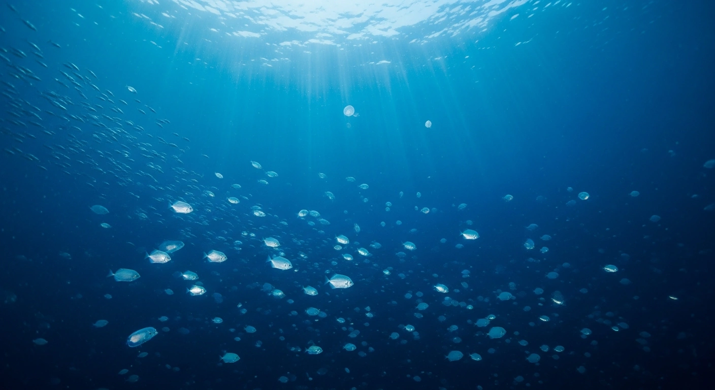 A bioluminescent school of fish and jellyfish swim through the deep blue twilight zone of the ocean to represent the protection of the mesopelagic layer.