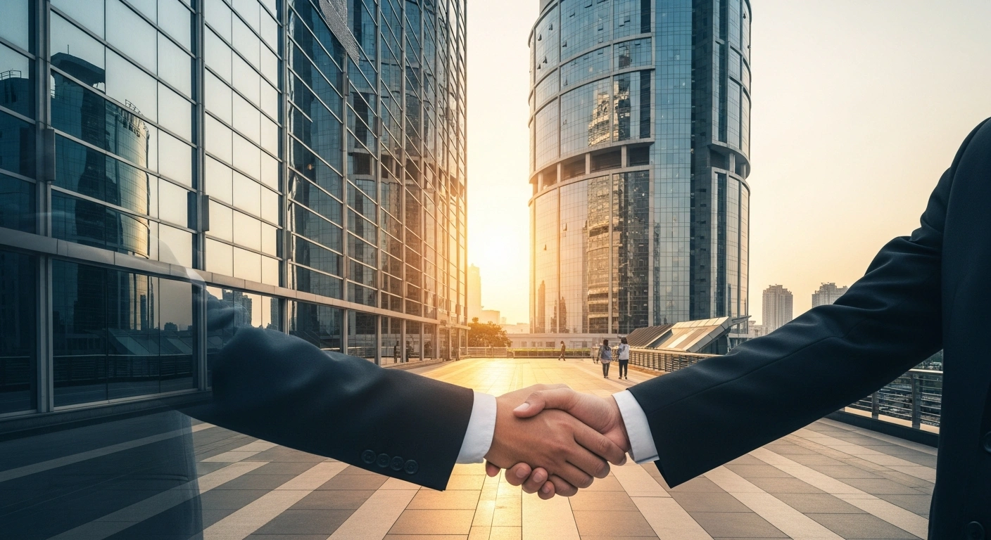 A professional handshake between two business partners in front of a modern skyscraper in India represents the acquisition of Bharti Life Insurance by Prudential plc.