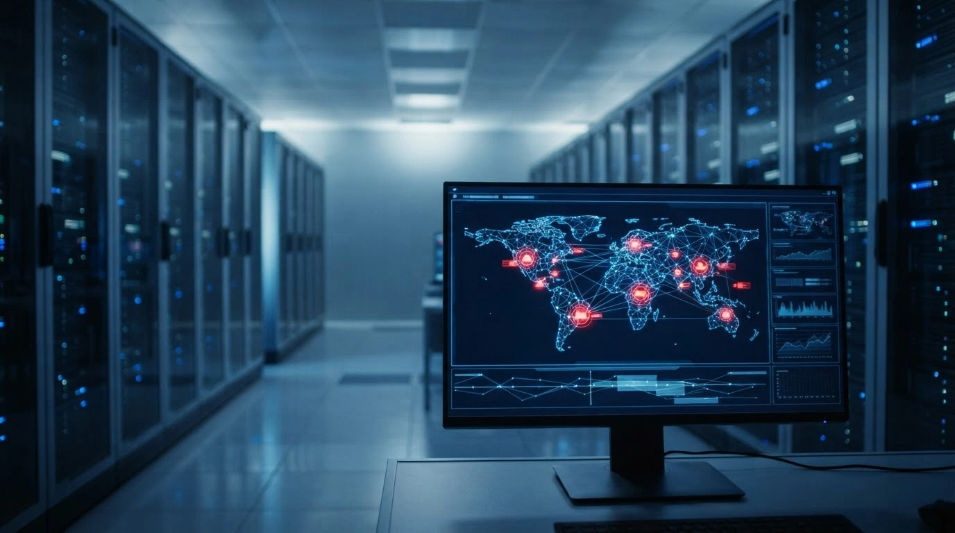 A dimly lit server room with glowing blue racks and a digital security warning screen representing the Prudential Life Insurance Japan data breach.