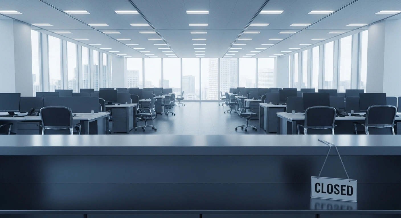 A wide, low-angle shot of a deserted, modern corporate office floor, illuminated by the cold light of a pre-dawn Tokyo skyline, with an overturned 'Closed' sign on a reception counter, symbolizing the voluntary 90-day sales suspension by Prudential Life Insurance Company of Japan due to employee misconduct and customer losses.