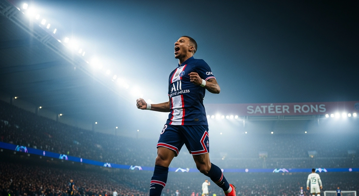 A Paris Saint-Germain player, likely Gonçalo Ramos, celebrates a goal on the pitch under bright stadium lights after PSG's 4-0 victory over Vendée Fontenay in the Coupe de France Round of 32.
