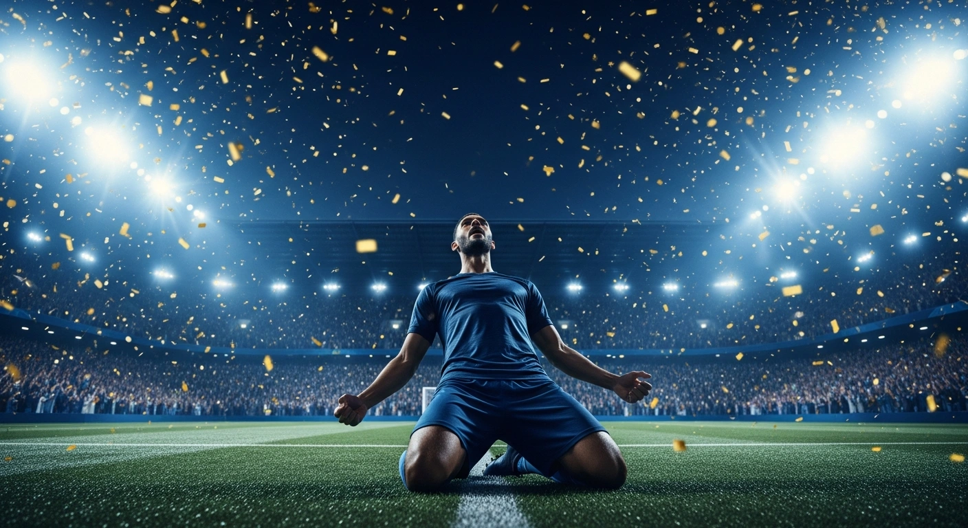 A Paris Saint-Germain football player celebrates on the field after winning the 14th French league title.