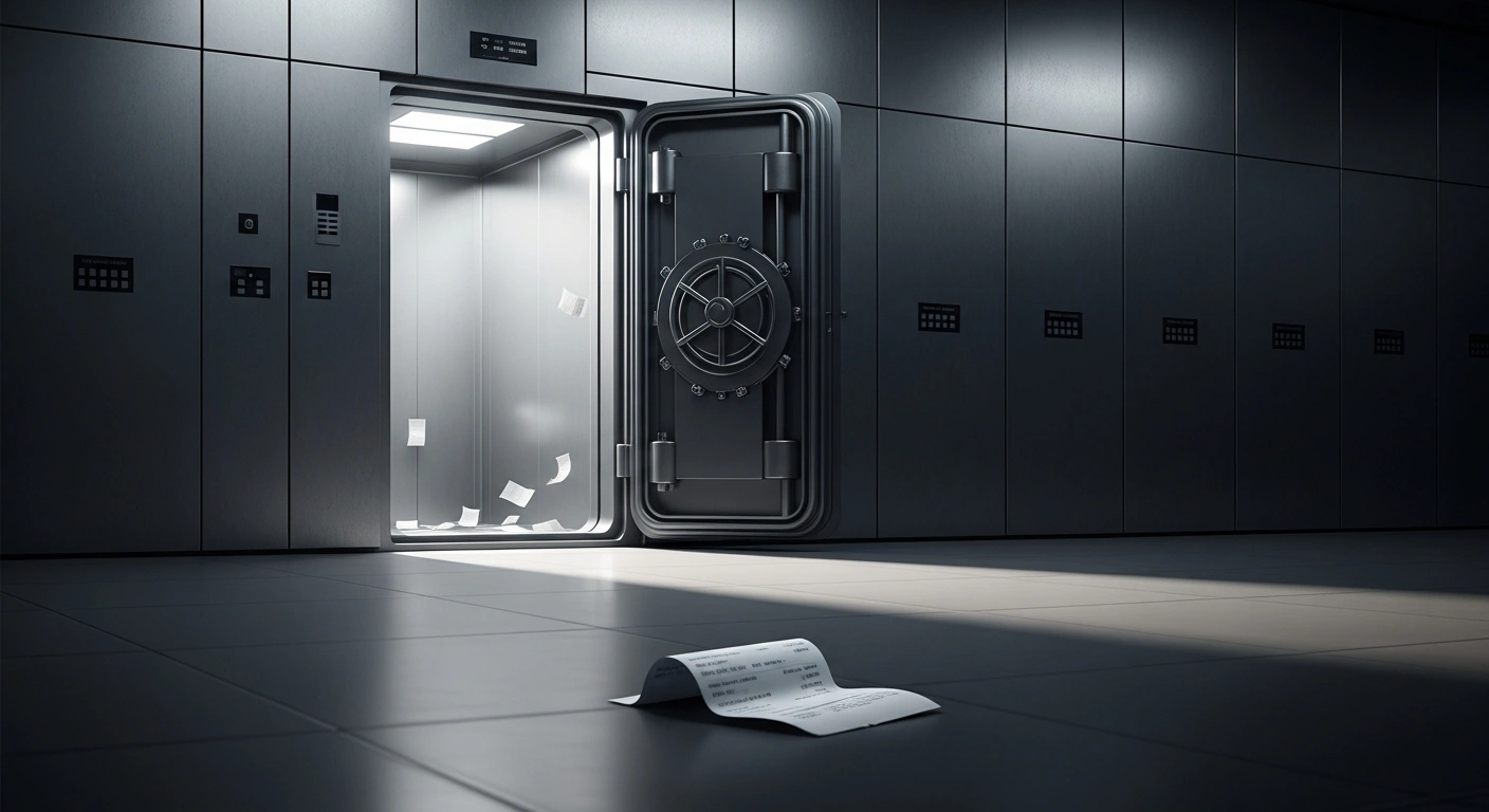 A brightly lit, empty steel vault with its door slightly ajar, revealing a pristine, unoccupied interior, while a single crumpled receipt lies on the polished floor in the foreground, representing the findings of an external audit for Spain's Socialist Party (PSOE) regarding illicit financing and minor expenses.
