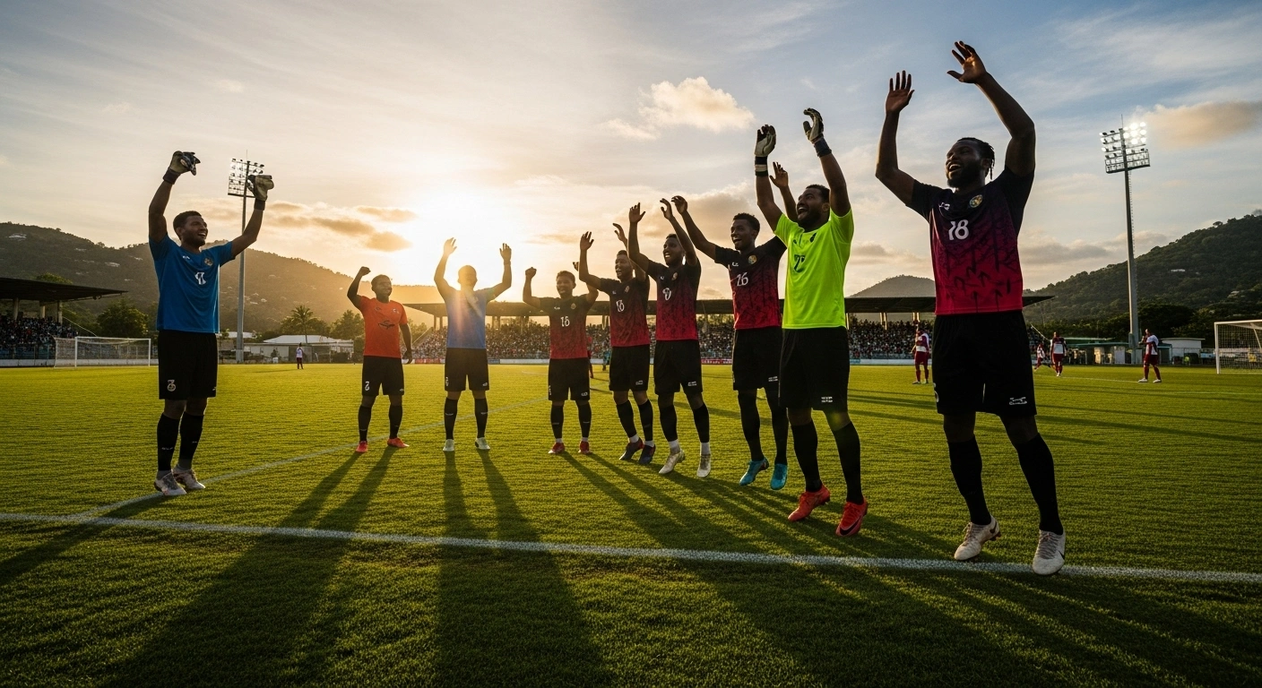 A low-angle photograph captures the PTL Bazar Brothers football team celebrating a victory on a stadium field at sunset, with tropical hills of Mahé, Seychelles, in the background, symbolizing their undefeated record and top position in the Seychelles Premier League.