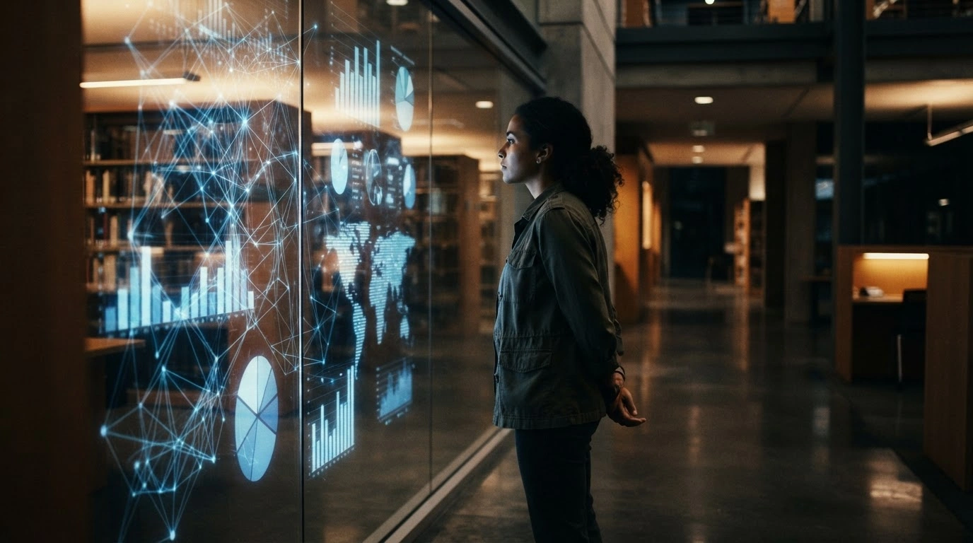 A person examines a digital data visualization comparing public perception and official crime statistics regarding ethnic backgrounds in England and Wales.