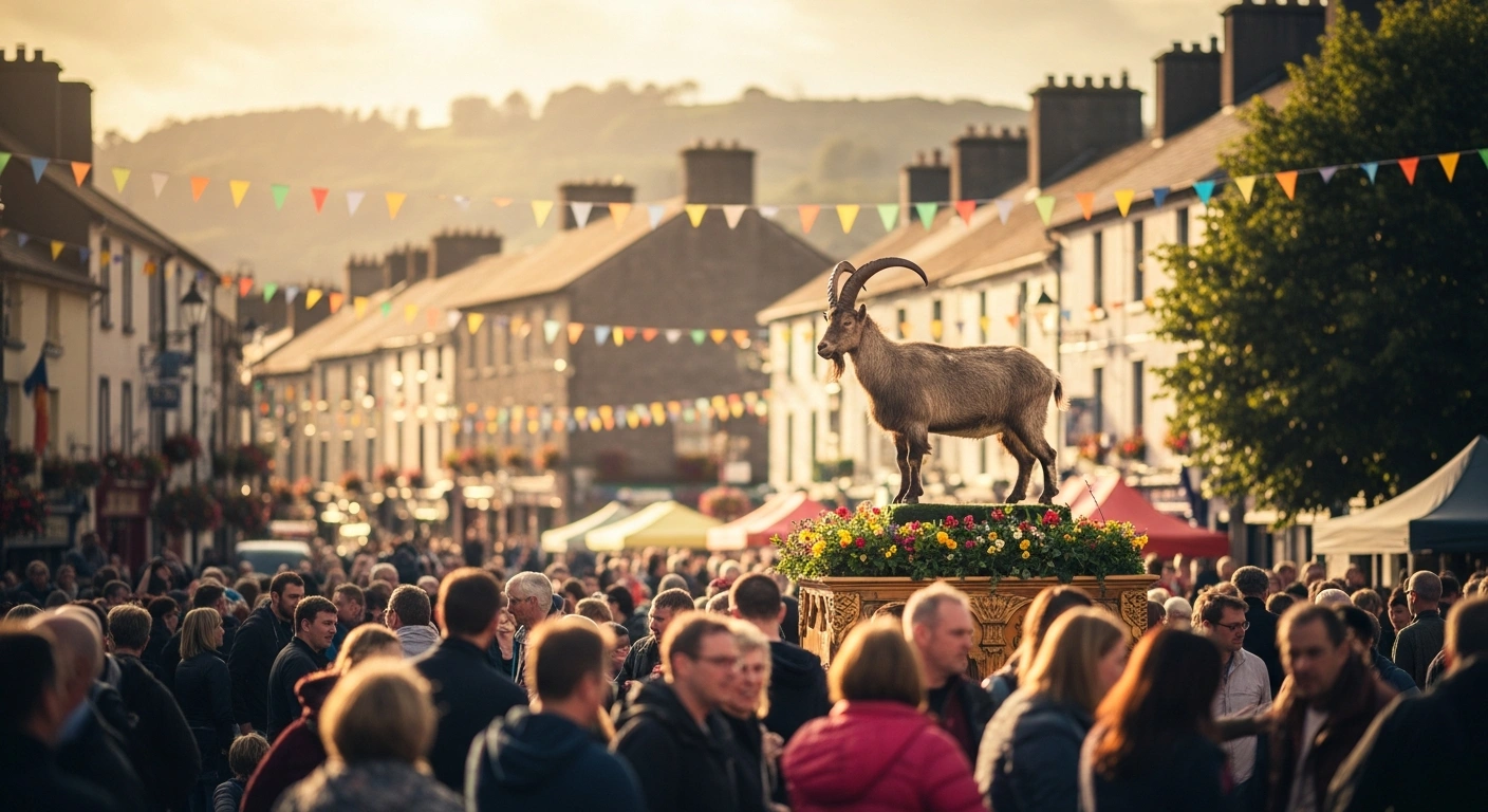 A wild mountain goat crowned as King Puck stands on a decorated platform during the annual Puck Fair festival in Killorglin, County Kerry.