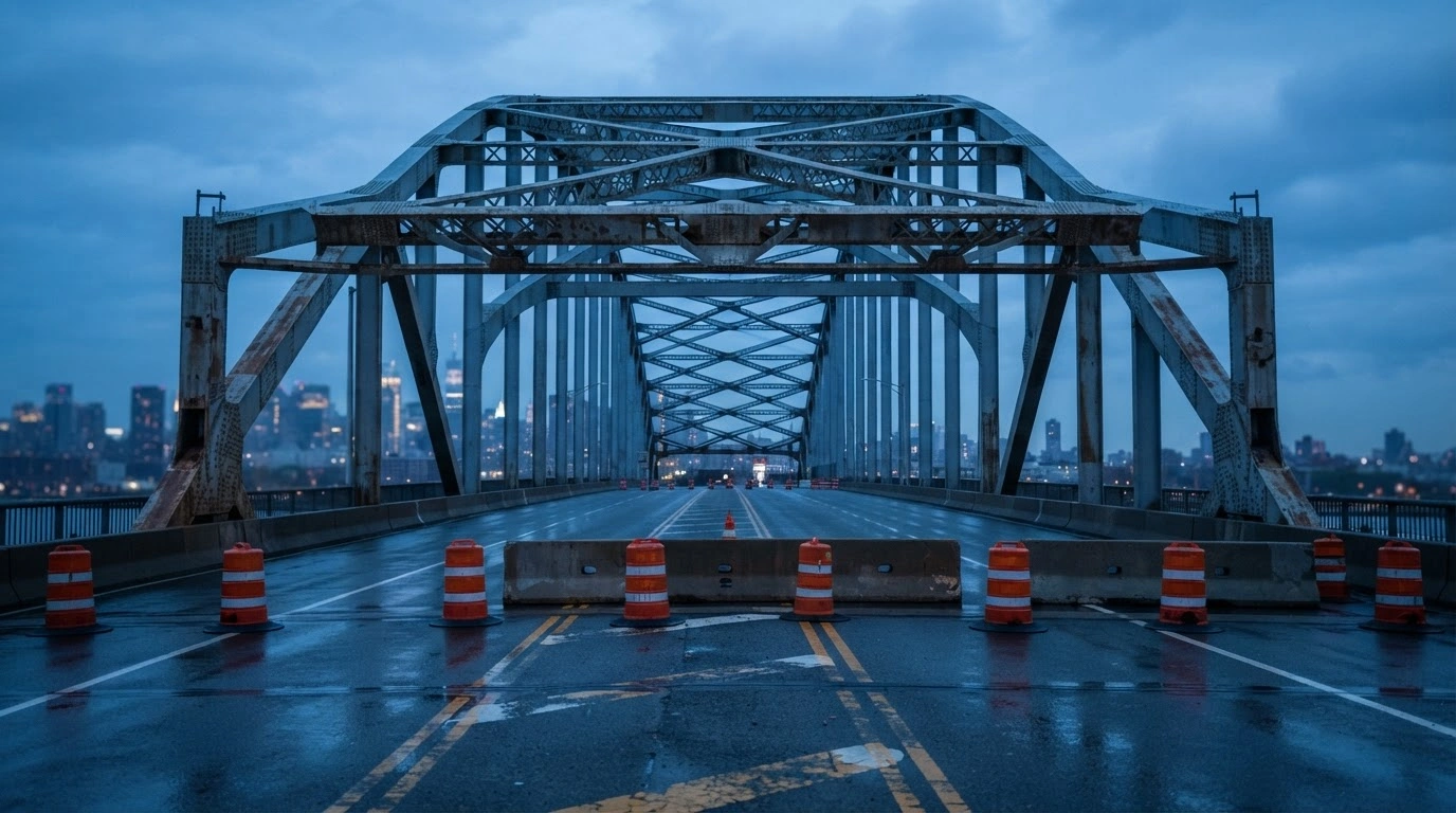 The Pulaski Skyway is closed for infrastructure improvements with traffic barriers blocking the empty lanes during a weekend maintenance project.