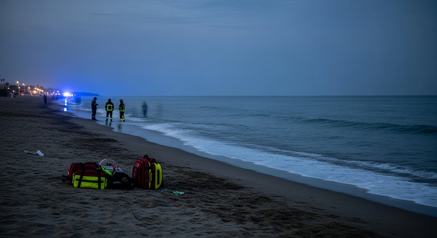 Emergency responders stand on a beach in Pulpí, Almería, after a 72-year-old man died following a drowning incident.