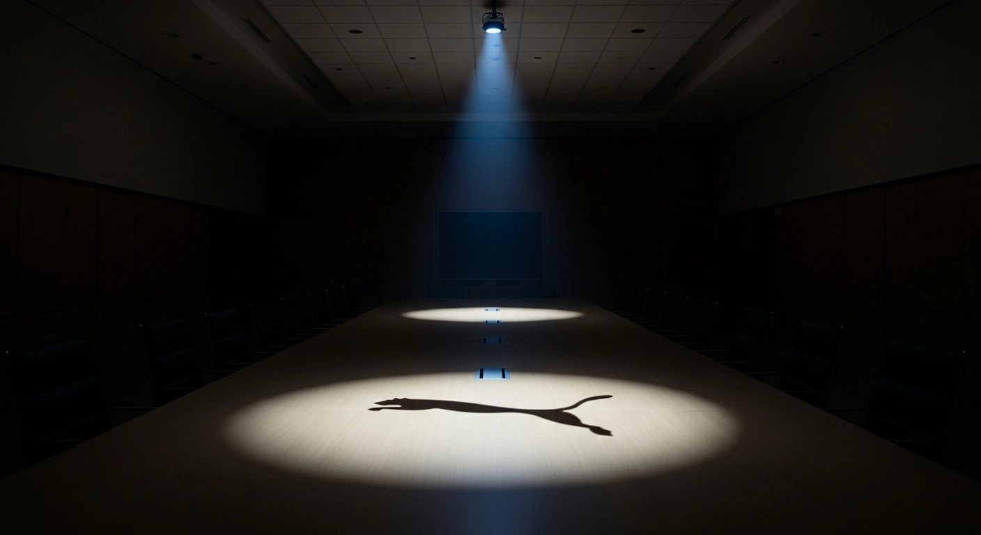 A dimly lit corporate boardroom features a large, empty conference table with the stylized shadow of a big cat, symbolizing Puma's global restructuring and elimination of administrative positions due to sales declines and inventory issues.