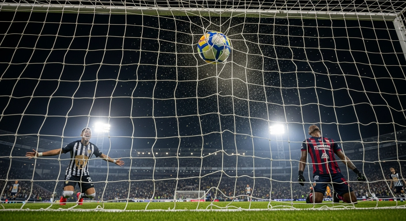 A soccer ball hits the back of the net under bright stadium floodlights, as a Pumas UNAM player celebrates a late equalizer against Club León, while a León defender shows dejection during their 1-1 draw in a Liga MX match at Estadio Olímpico Universitario in Mexico City.