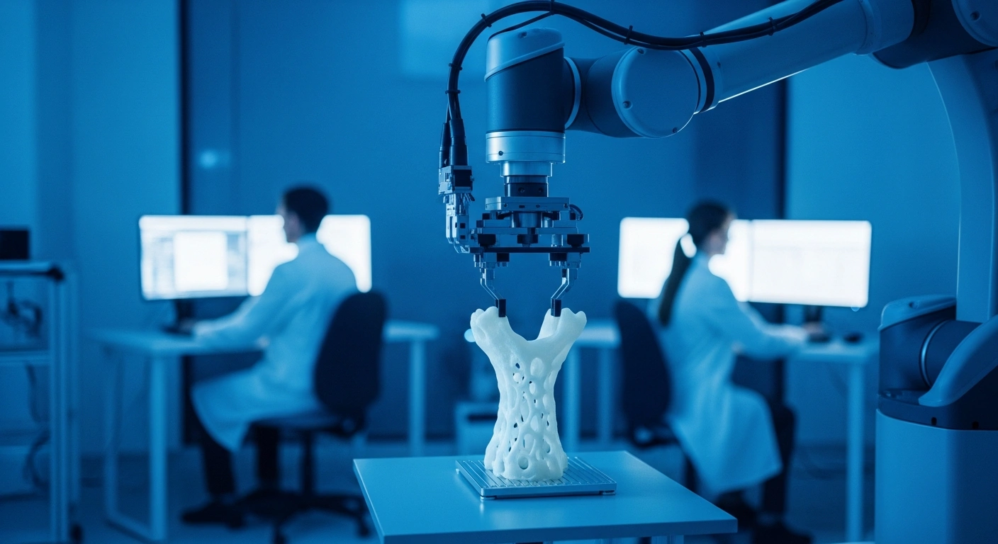 A researcher uses advanced robotic technology to study a synthetic bone scaffold in a modern musculoskeletal research laboratory funded by the National Science Foundation.