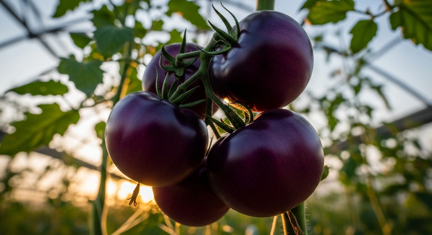 A close-up shot features a cluster of intensely purple, ripe 'Purple Bliss' tomatoes on the vine, symbolizing the genetically modified produce approved for commercial sale and cultivation in Australia.
