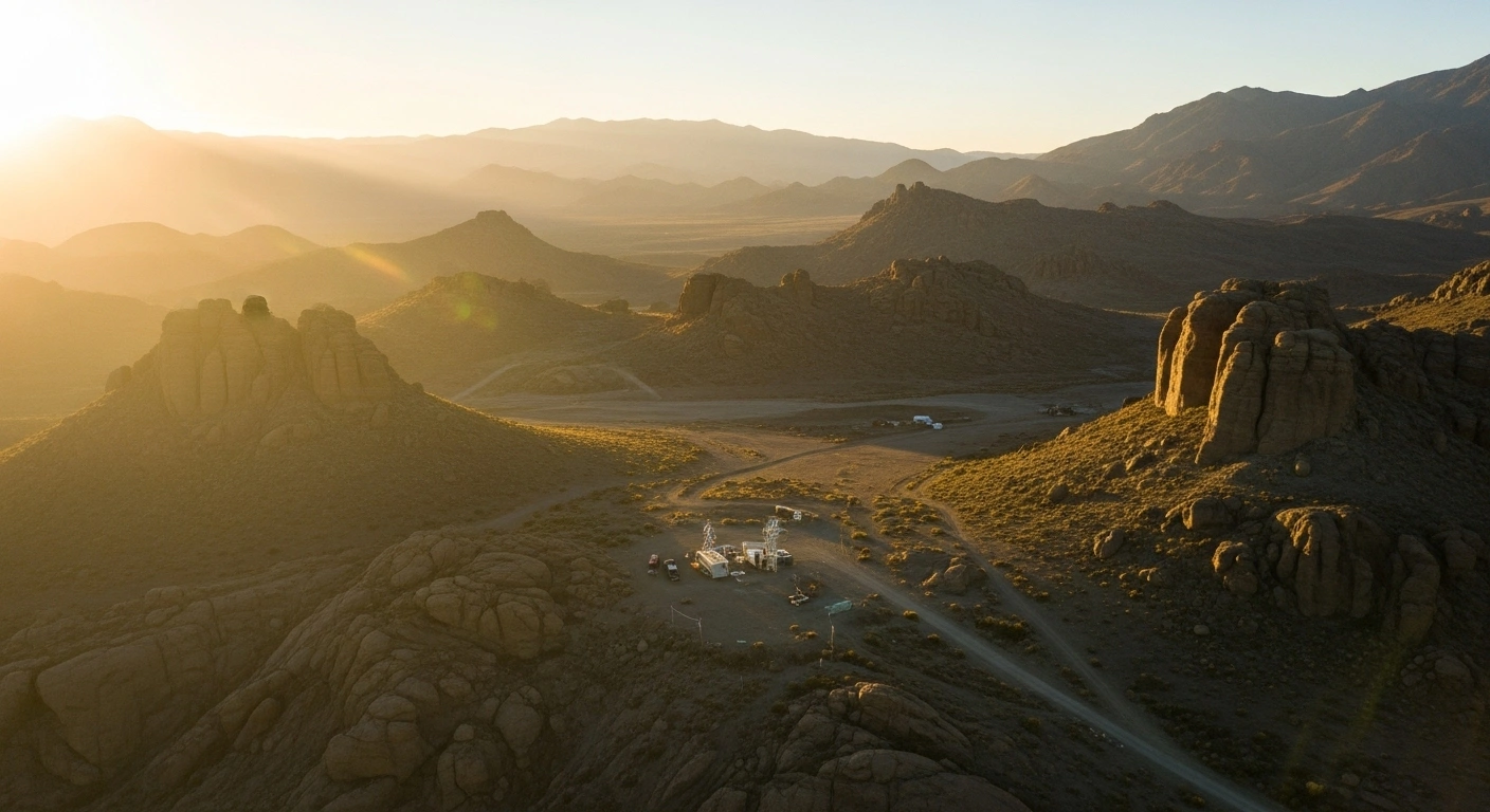 An aerial view at dawn over the rugged, ochre-colored terrain of Santa Cruz, Argentina, featuring a small, modern exploration camp, symbolizing Pursuit Minerals' acquisition of the Sascha Marcelina Gold-Silver Project and its capital raise for exploration.