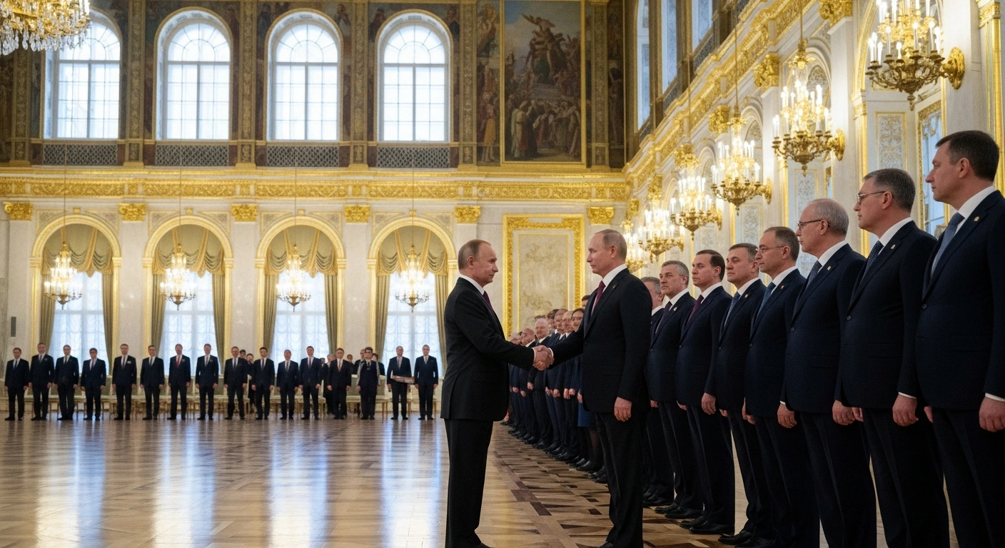 Russian President Vladimir Putin is depicted in the Grand Kremlin Palace, formally accepting letters of credence from a newly appointed foreign ambassador, with other ambassadors waiting in the background during a diplomatic ceremony.