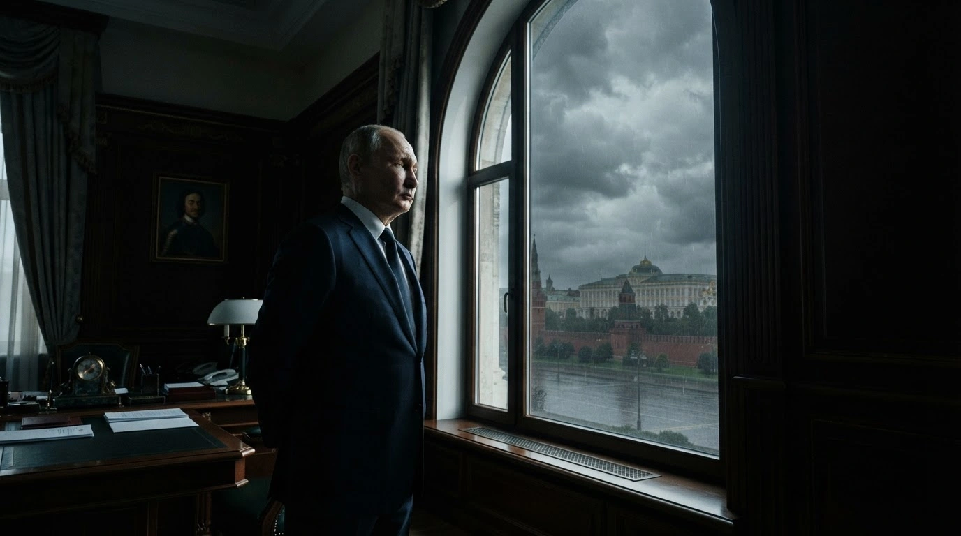 Russian President Vladimir Putin stands in his office while discussing allegations of Ukrainian interference in Russian parliamentary elections and the resulting impact on peace negotiations.