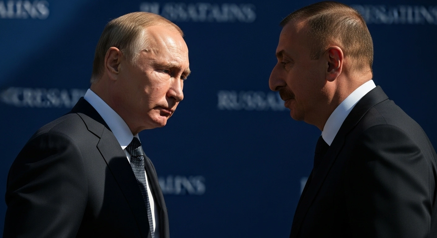 A close-up, low-angle shot of Russian President Vladimir Putin, illuminated by stark lighting, facing a partially obscured Azerbaijani President Ilham Aliyev in a somber, dark blue setting, capturing the gravity of Putin's admission regarding Russian air defenses shooting down an Azerbaijan Airlines flight while targeting Ukrainian drones.