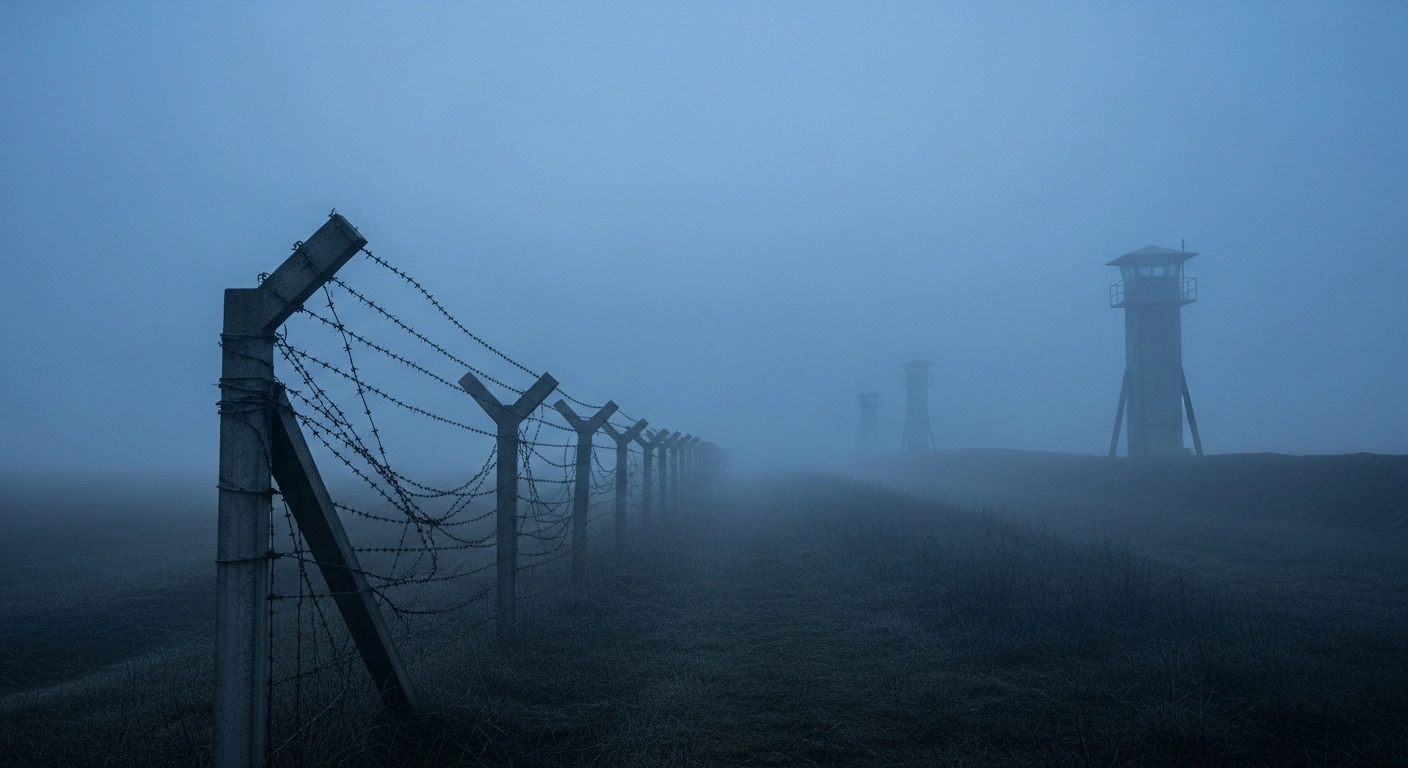 A wide, low-angle shot at pre-dawn shows a desolate, fog-shrouded landscape with a weathered, broken barbed-wire fence in the foreground, leading to stark, newly erected concrete barriers emerging ominously from the mist in the distance, symbolizing Russia's ordered expansion of a buffer zone in Ukraine's Sumy and Kharkiv regions.