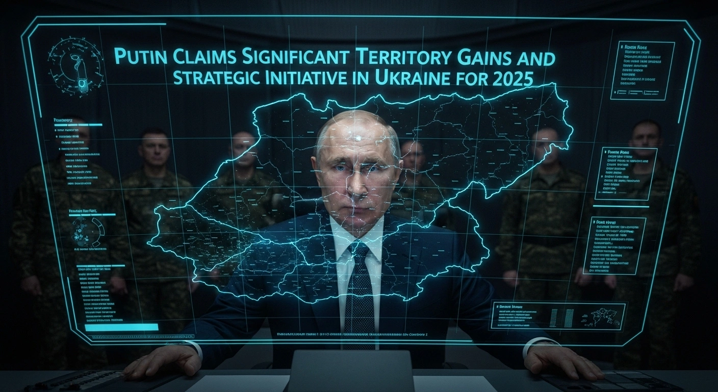 Russian President Vladimir Putin stands in a dimly lit command center, his face illuminated by a large, glowing strategic map displaying captured Ukrainian territories and localities, asserting Russia's strategic initiative on the battlefield during a meeting with military commanders.