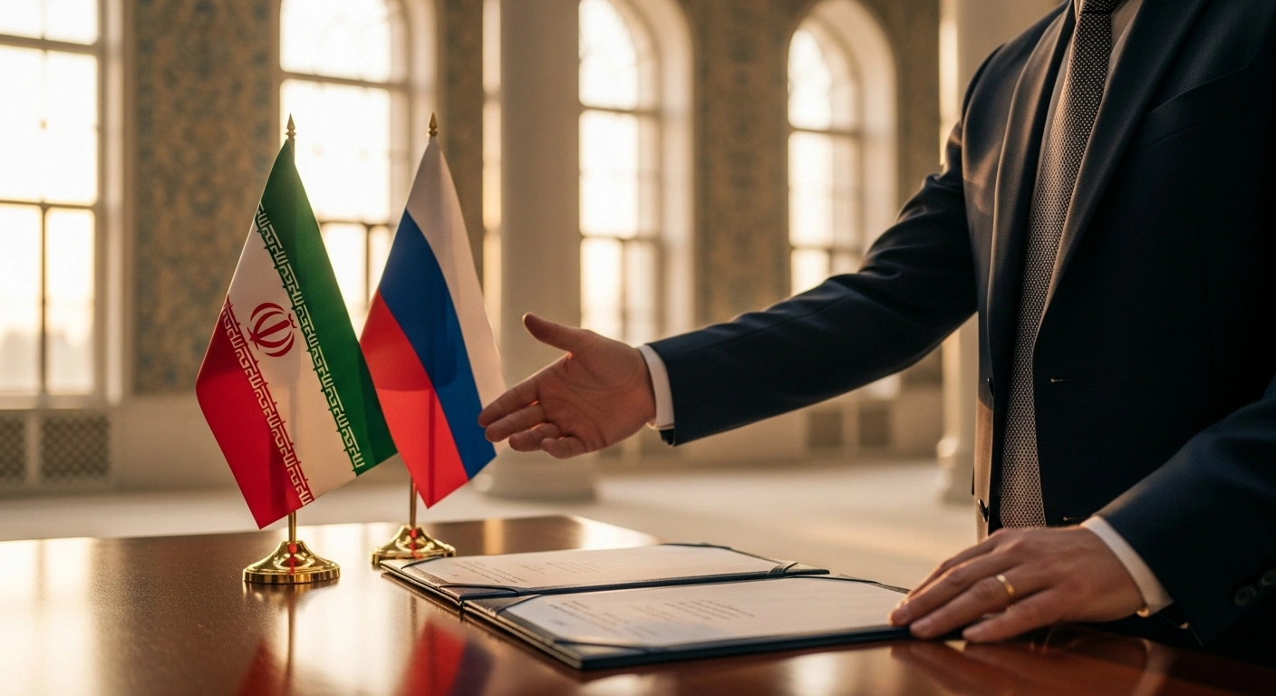 A formal diplomatic document rests on a table, symbolizing the strategic partnership between Vladimir Putin and the newly elected Iranian Supreme Leader Mojtaba Khamenei.