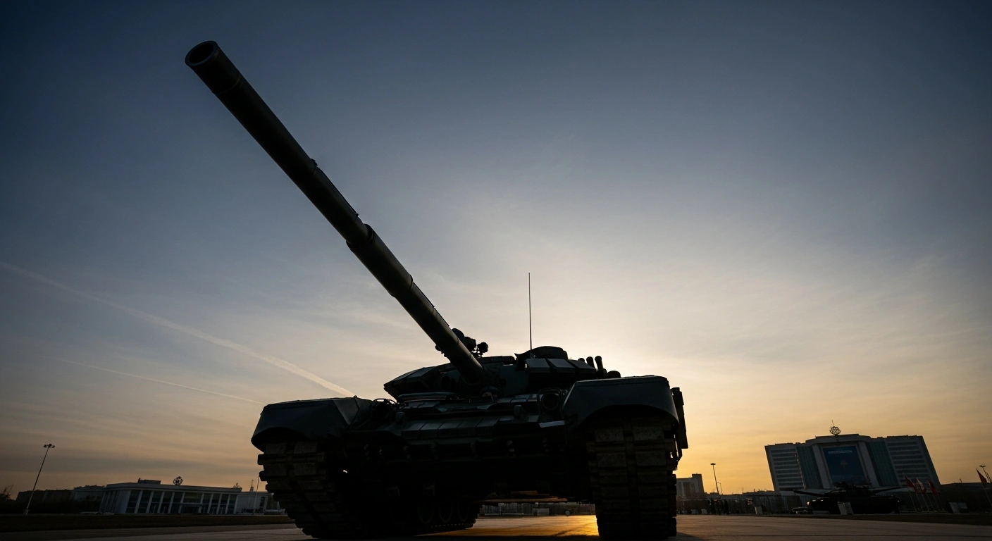 A modern Russian tank, representing advanced Russian-made weapons, stands silhouetted against a dramatic twilight sky, with a conference center in the background, symbolizing the Collective Security Treaty Organization (CSTO) summit where Russian President Vladimir Putin called for military upgrades.